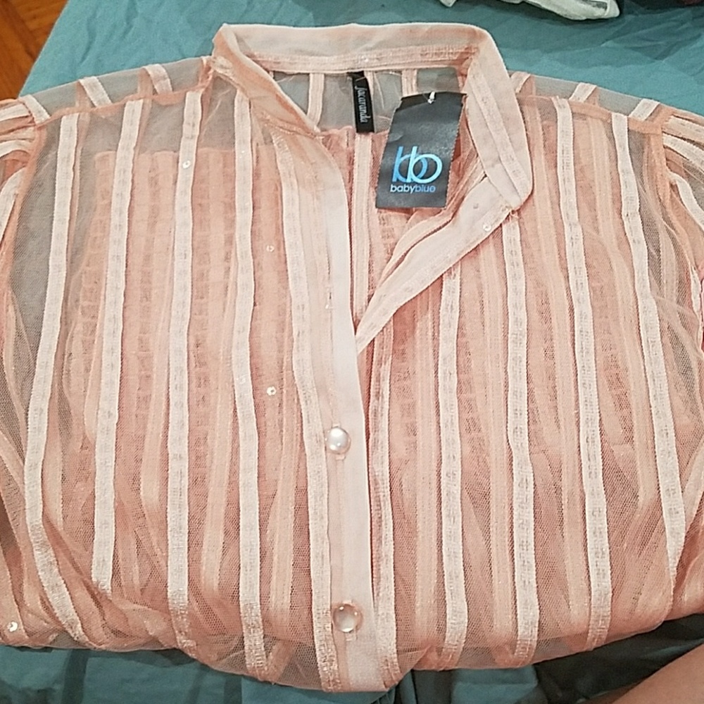 Peach colored striped see thru blouse w sequin
